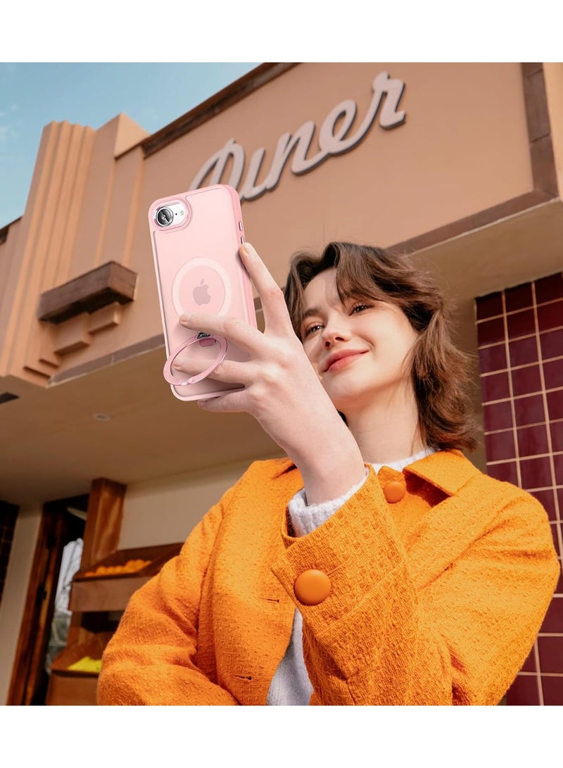 Magnetic for iPhone 16e Case with Ring Stand, [10 FT Drop Protection] [Velvety Touch] Slim Translucent Matte Back Shockproof Phone Case for iPhone 16e 6.1'', (Pink) - Image 2