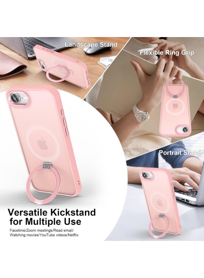 Magnetic for iPhone 16e Case with Ring Stand, [10 FT Drop Protection] [Velvety Touch] Slim Translucent Matte Back Shockproof Phone Case for iPhone 16e 6.1'', (Pink) - Image 4