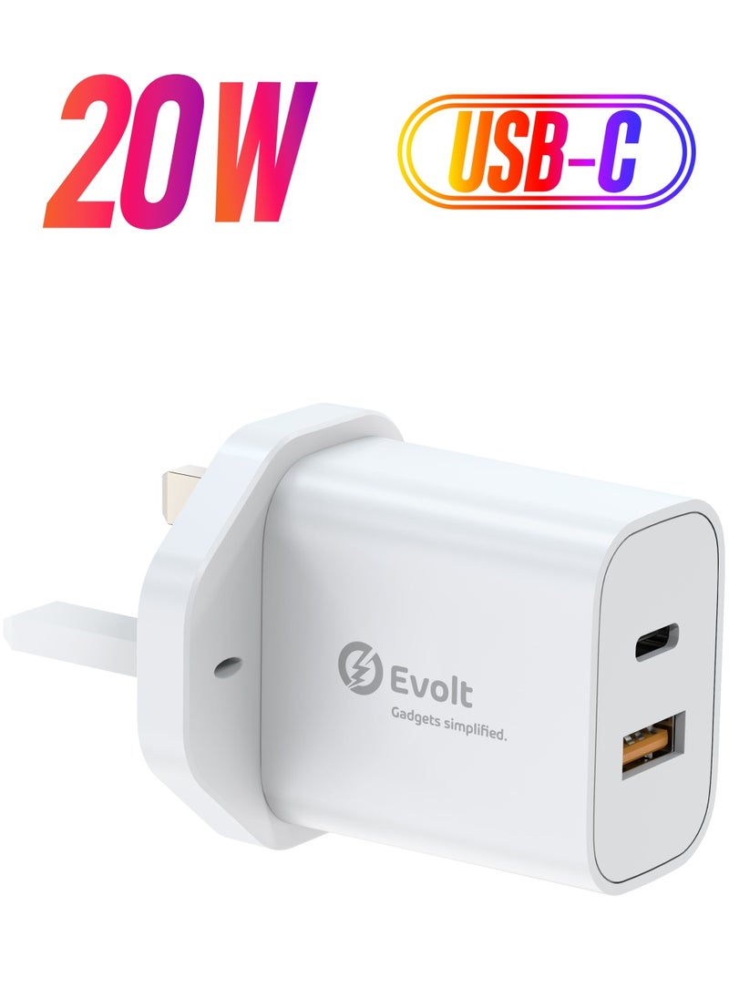 Evolt ETC-2N1 20W PD Fast A+C Dual Ports Travel Charger With 2-in-1 (USB-A to Type-C + Light ning Ports) Cable White  - Image 1