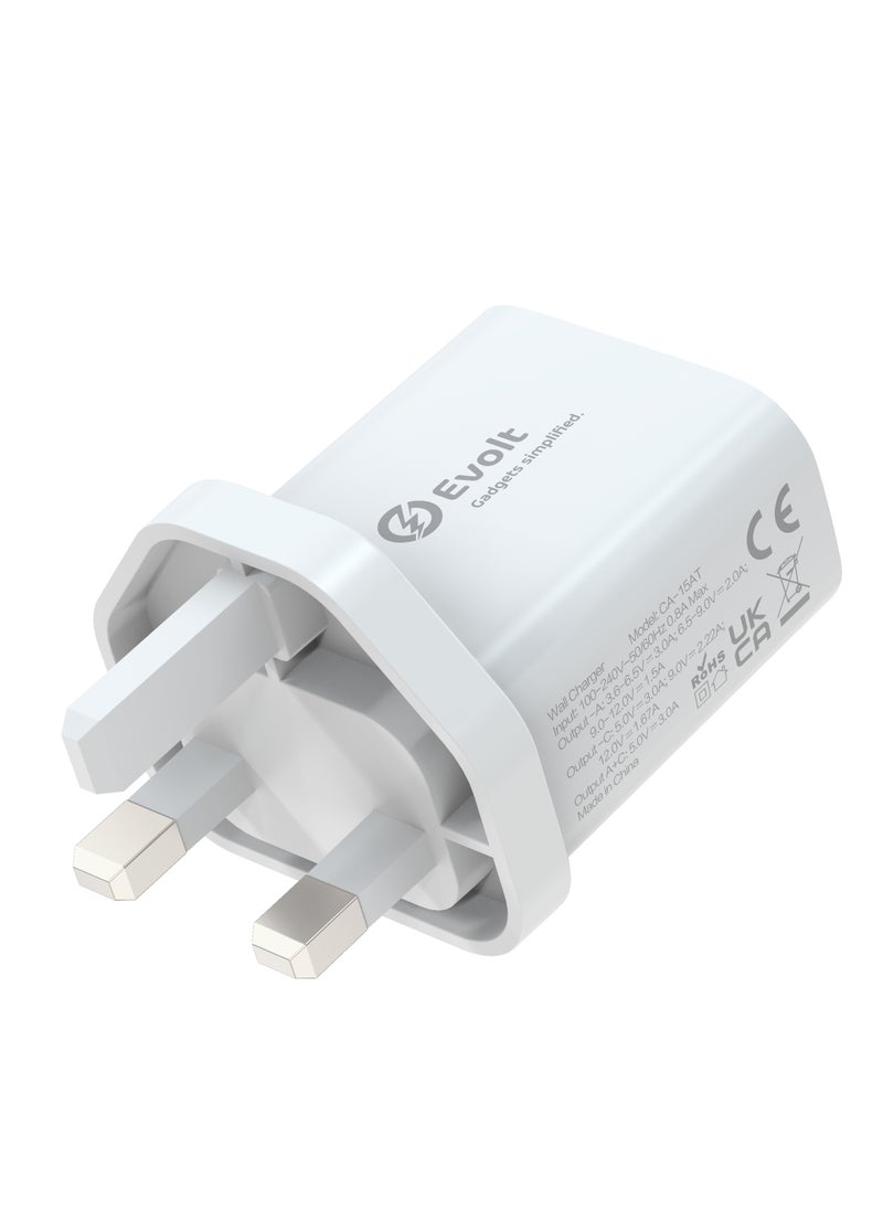 Evolt ETC-2N1 20W PD Fast A+C Dual Ports Travel Charger With 2-in-1 (USB-A to Type-C + Light ning Ports) Cable White  - Image 2