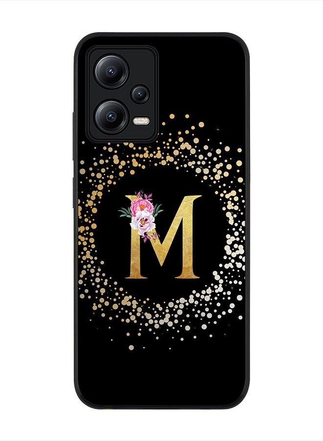 Stylizedd Cover for Poco X5 / Redmi Note 12 5G, Rugged Black Slim fit Protective Phone Cases - Custom Monogram Initial Letter Floral Pattern Alphabet -M (Black) - Image 1