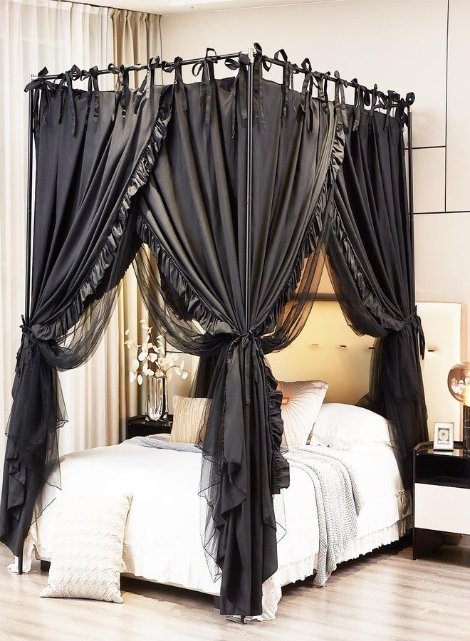 Akiky 4 Corners Post Canopy Bed Curtains Double Layer Cozy Drape Netting 4 Opening Mosquito Net Mesh for Girls Bedroom Decoration(Black,Queen) - Image 2