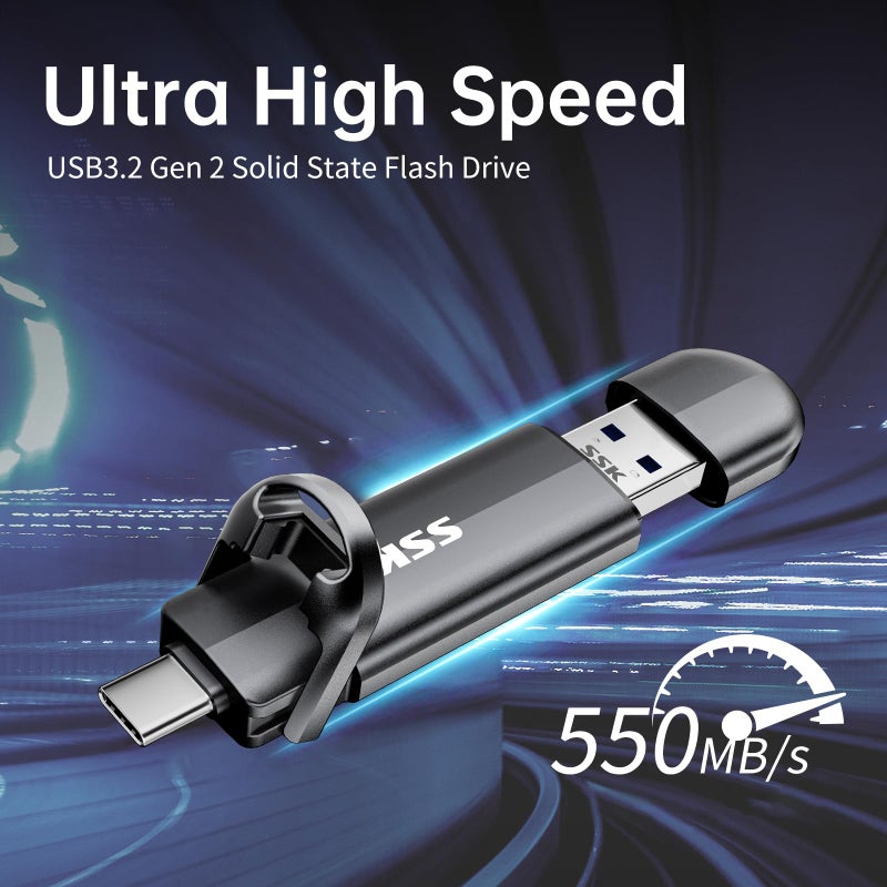 SSK USB C Drive 1tb,Dual Flash Drive Speed up tp 550MB/s 2-in-1 Memory Stick Type C+USB A 3.2 Gen2 Portable External Solid State SSD Thumb Drive for iPhone 15/16/PS4/Android Phone/Tablet/Windows/Mac - Image 2