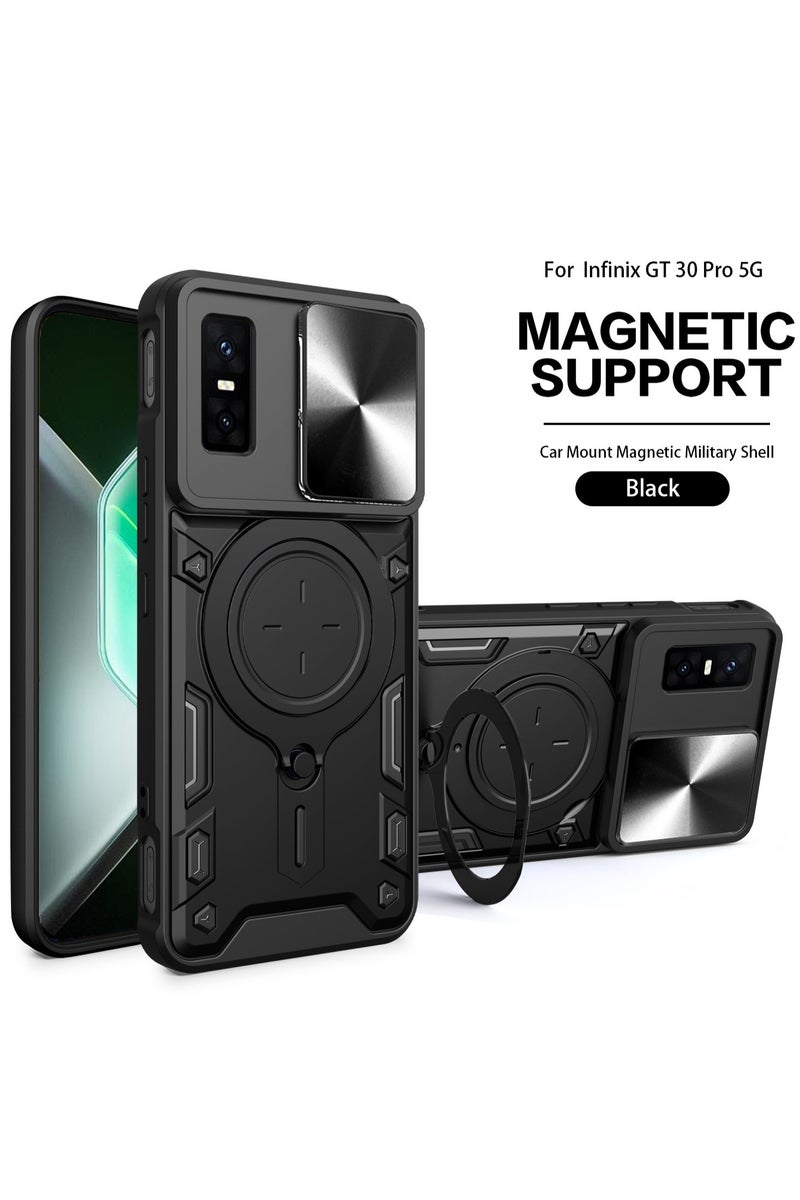 for Infinix GT30 pro 5G Case, Slide Camera Lens Cover, Magnetic Ring Holder Kickstand Protective Phone Case for Infinix GT30 pro 5G, Black - Image 1