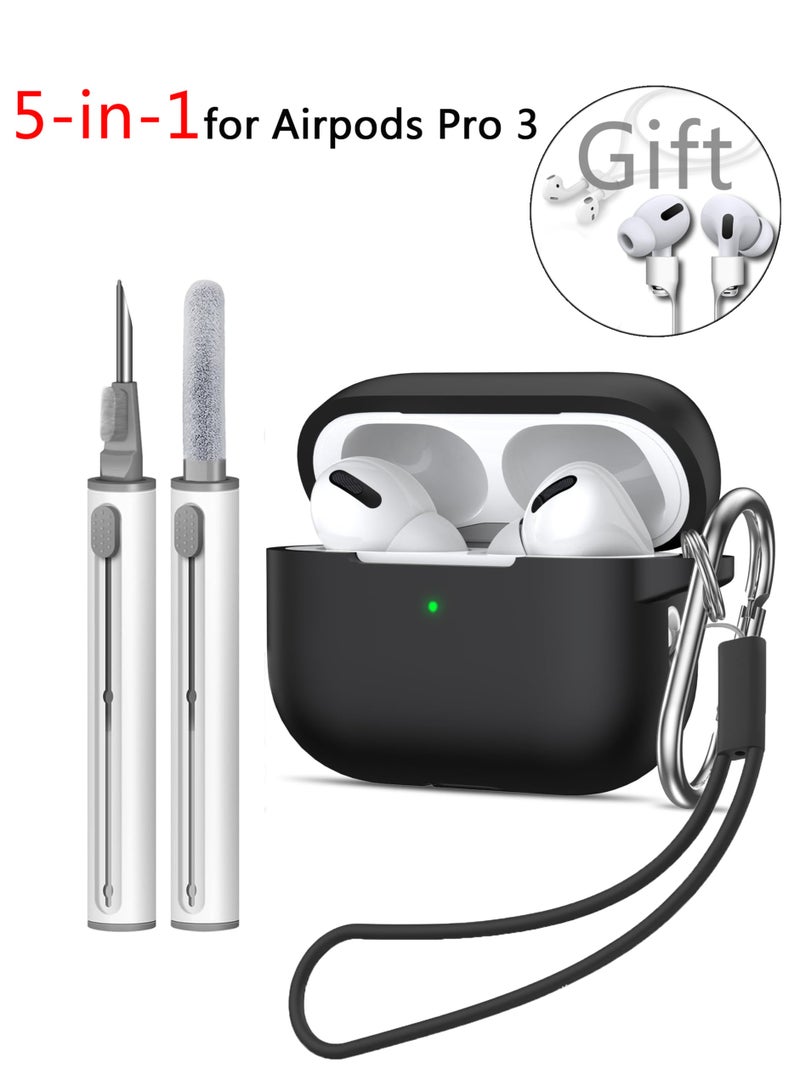 Silicone Protective Case Cover for AirPods Pro 3 with Cleaner Kit, Keychain for Women Men,Suitable for 3nd Generation Case Gift Sports lanyard（Black） - Image 1