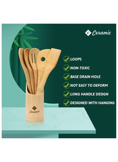 CERAMIC Wooden Spoons For Cooking 6 Piece Organic Bamboo Utensil Set With Holder Wood Kitchen  - Image 2