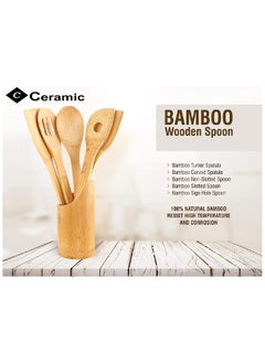 CERAMIC Wooden Spoons For Cooking 6 Piece Organic Bamboo Utensil Set With Holder Wood Kitchen  - Image 3