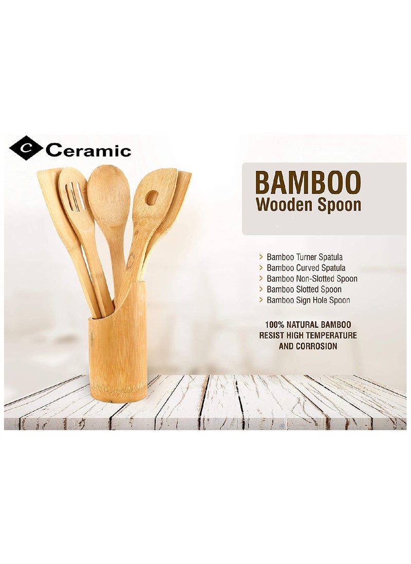 CERAMIC - Wooden Spoons For Cooking 6 Piece Organic Bamboo Utensil Set With Holder Wood Kitchen - Image 1