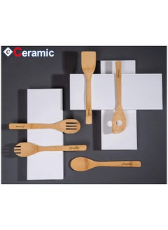 CERAMIC Wooden Spoons For Cooking 6 Piece Organic Bamboo Utensil Set With Holder Wood Kitchen  - Image 4