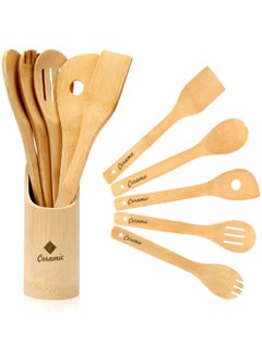 CERAMIC Wooden Spoons For Cooking 6 Piece Organic Bamboo Utensil Set With Holder Wood Kitchen  - Image 1