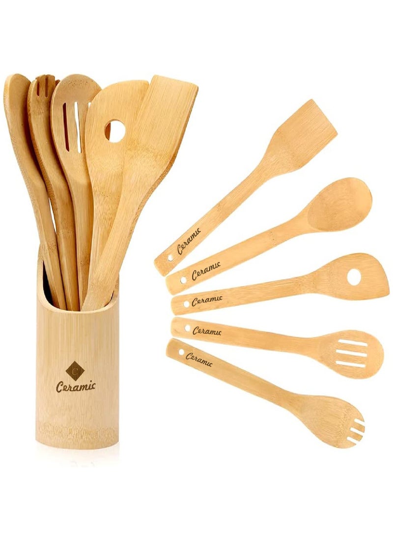 CERAMIC - Wooden Spoons For Cooking 6 Piece Organic Bamboo Utensil Set With Holder Wood Kitchen - Image 1
