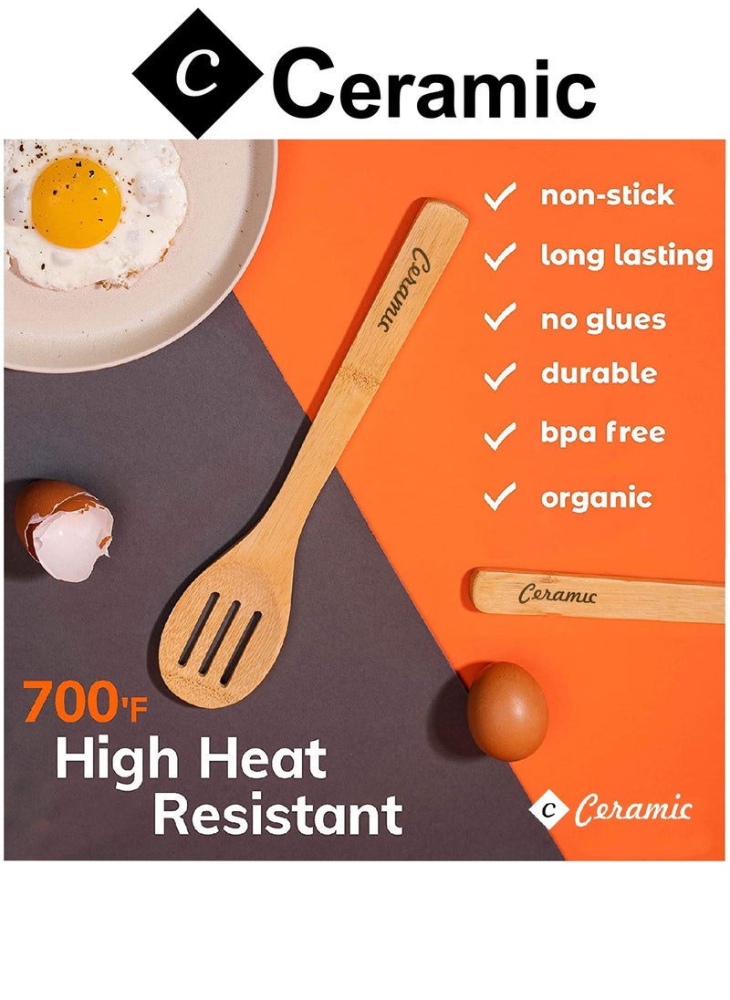 CERAMIC - Wooden Spoons For Cooking 6 Piece Organic Bamboo Utensil Set With Holder Wood Kitchen - Image 1