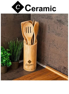 CERAMIC Wooden Spoons For Cooking 6 Piece Organic Bamboo Utensil Set With Holder Wood Kitchen  - Image 5