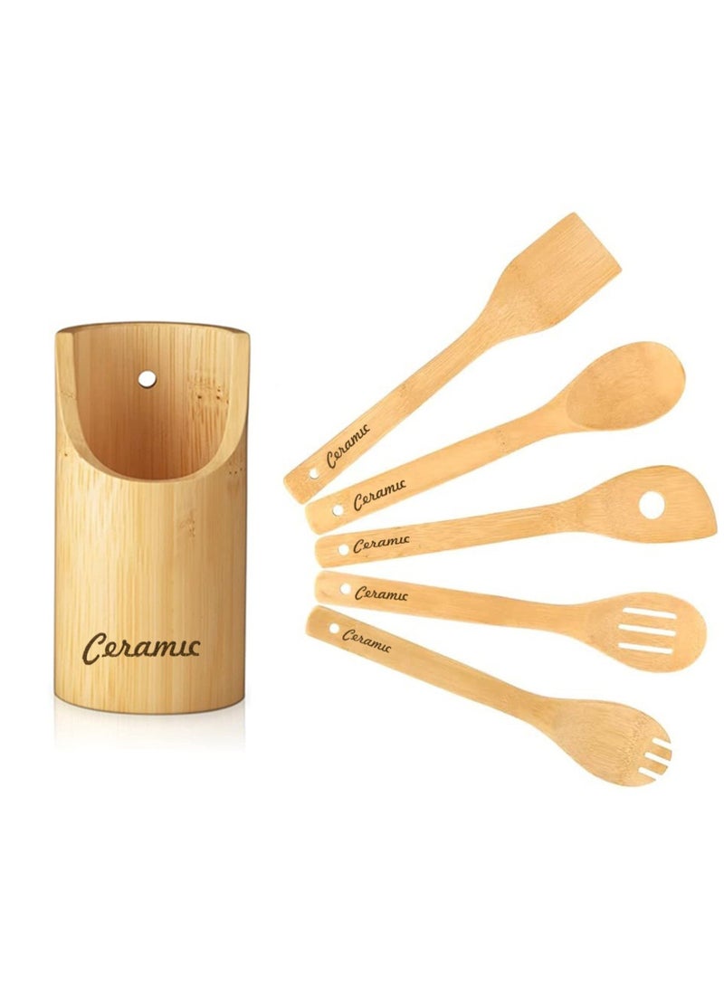 Wooden Spoons For Cooking 6 Piece Organic Bamboo Utensil Set With Holder Wood Kitchen - Image 1