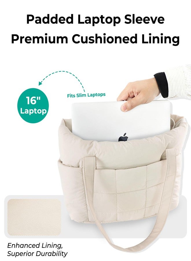 U+U Puffer Tote Bag for Women, Cream, Medium, Puffer Tote Bag - Image 4