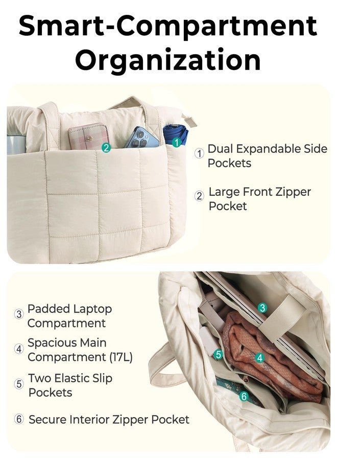 U+U Puffer Tote Bag for Women, Cream, Medium, Puffer Tote Bag - Image 5