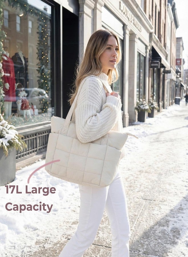 U+U Puffer Tote Bag for Women, Cream, Medium, Puffer Tote Bag - Image 2