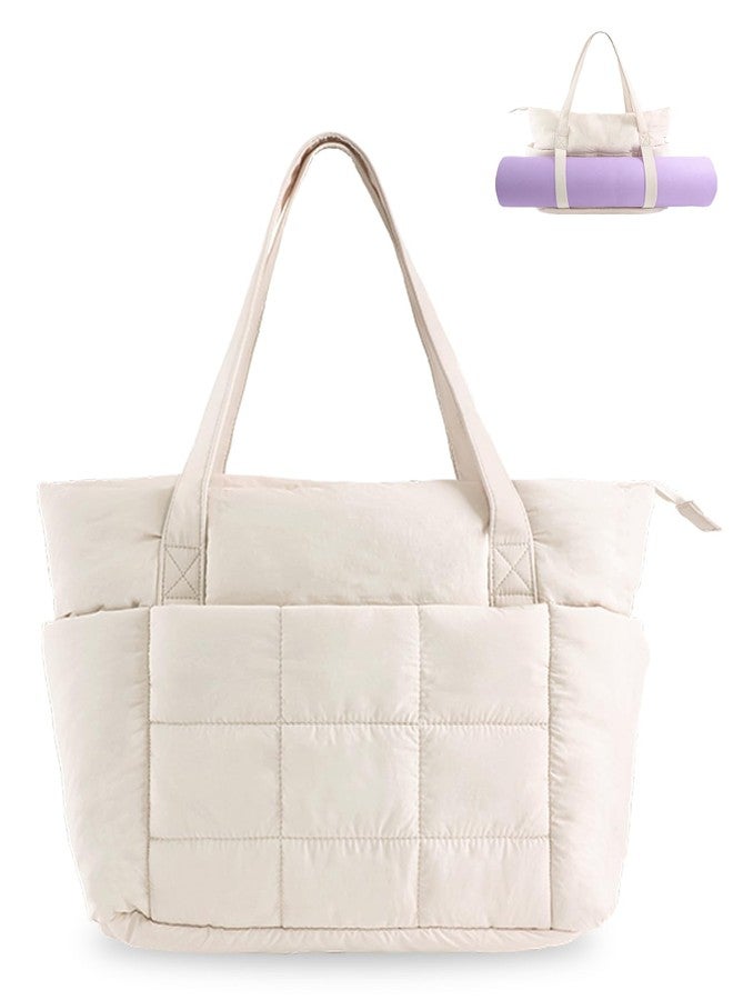 U+U Puffer Tote Bag for Women, Cream, Medium, Puffer Tote Bag - Image 1
