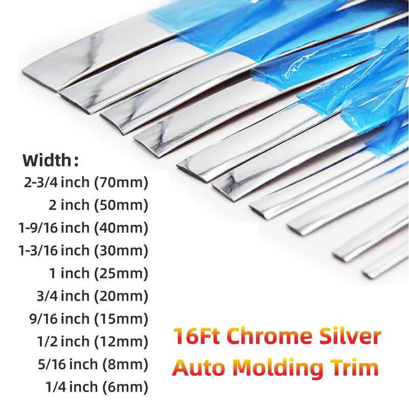NANSH 16Ft Chrome Silver Automotive Car Exterior and Interior Molding Trim Universal Bumper Window Door Body Side Decorative Strip Scratch-Proof (1/4 inch (6mm)) - Image 2