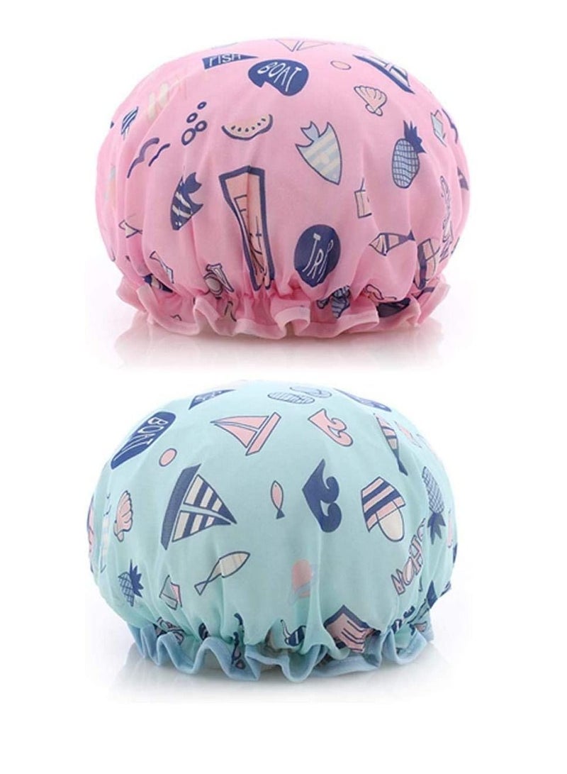 2 Pack Ocean Shower Cap Double Layers Bath Caps for Women Reusable Spa Waterproof Designed Satin Lined (Pink and Blue) - Image 1