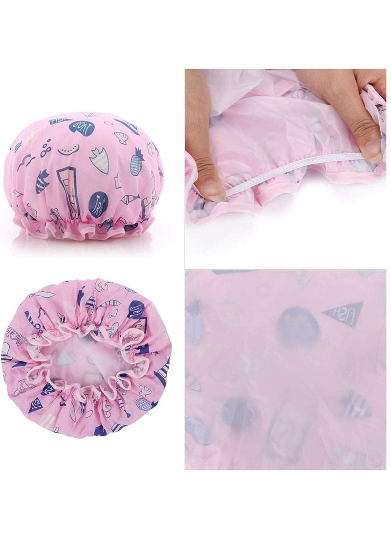 2 Pack Ocean Shower Cap Double Layers Bath Caps for Women Reusable Spa Waterproof Designed Satin Lined (Pink and Blue) - Image 3