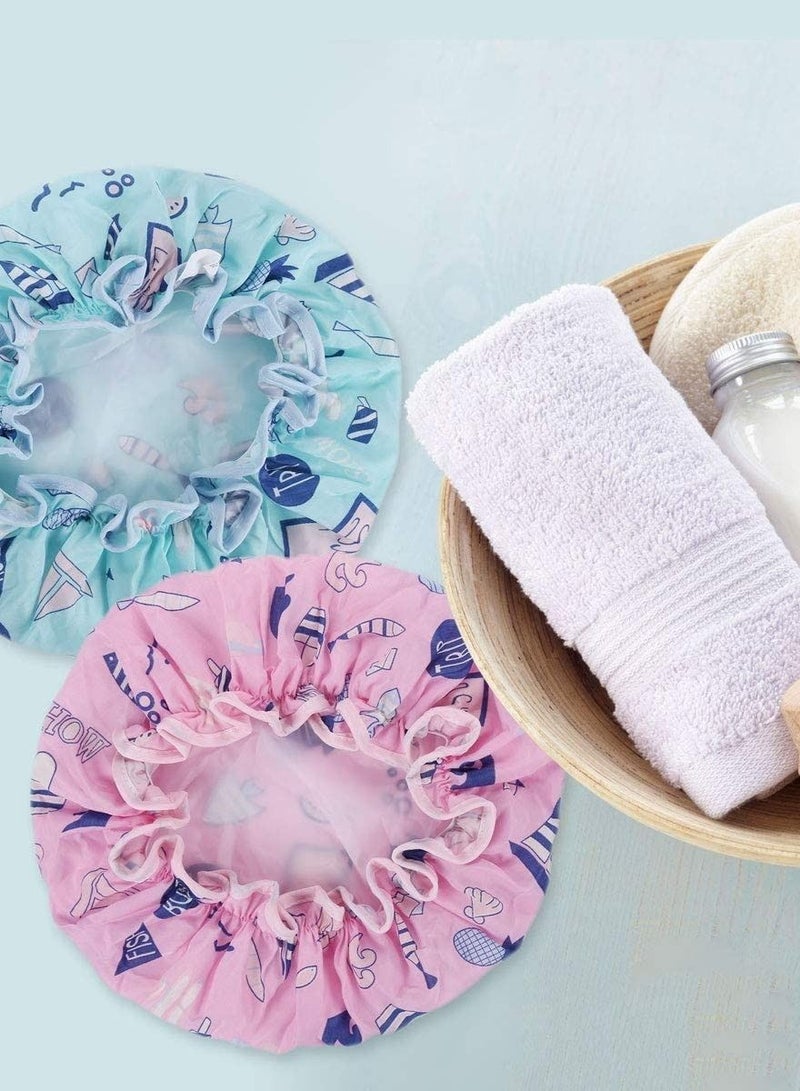 2 Pack Ocean Shower Cap Double Layers Bath Caps for Women Reusable Spa Waterproof Designed Satin Lined (Pink and Blue) - Image 4