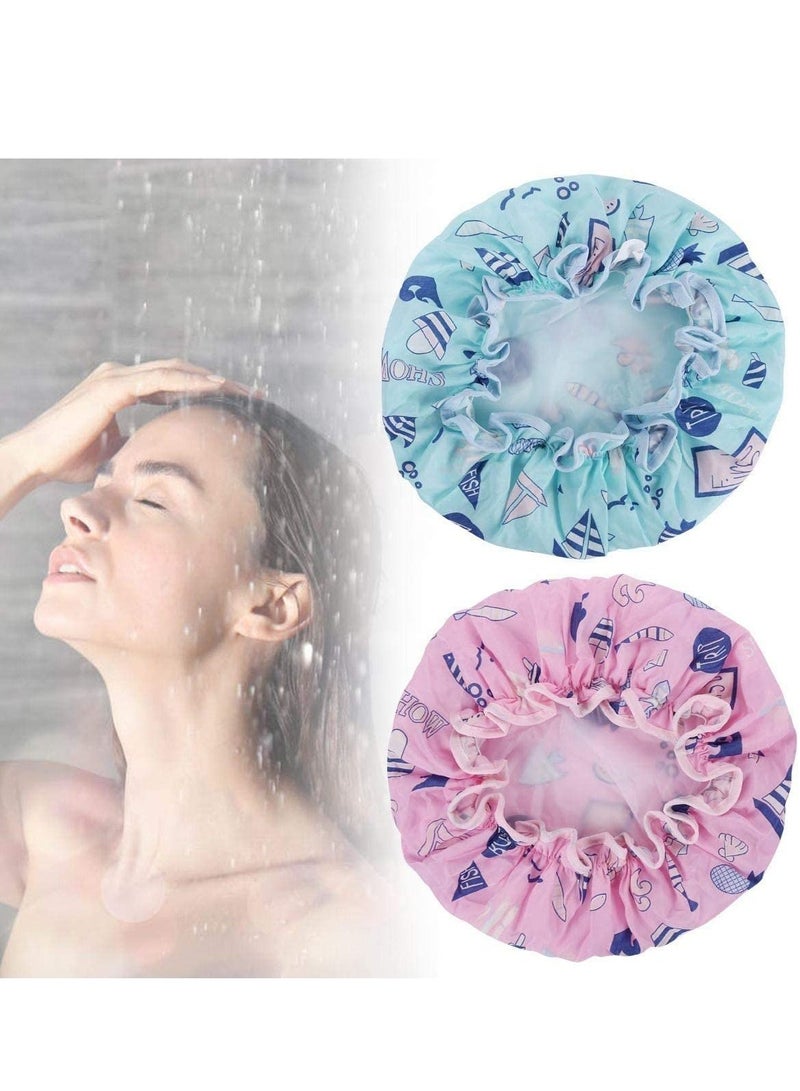 2 Pack Ocean Shower Cap Double Layers Bath Caps for Women Reusable Spa Waterproof Designed Satin Lined (Pink and Blue) - Image 5