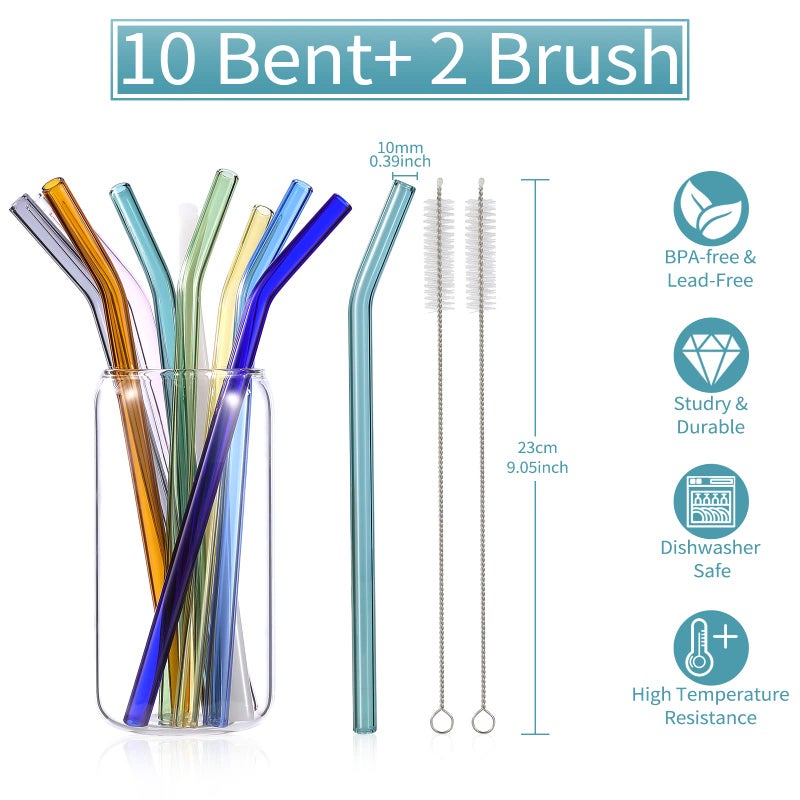 RENYIH 10 Pcs Reusable Bent Glass Drinking Straws,9''x10 mm Colorful Glass Straws for Beverages, Shakes, Milk Tea, Juices,Set of 10 Bent with 2 Cleaning Brushes -Shatter Resistant - Image 2