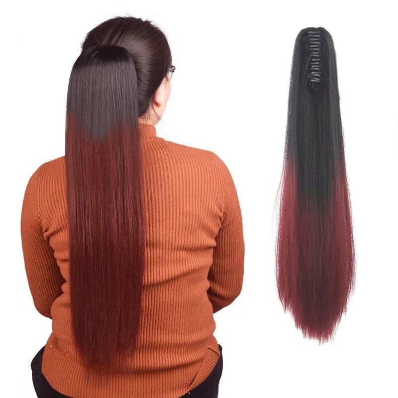 iLUU Hair Long Straight Ombre 24 Claw Clip On Hair Jaw Pony Tail Synthetic Hairpiece Heat Resistant Ponytail 130g Thick Ombre Color Hair Extensions 1BBUG Natural BlackDark Red