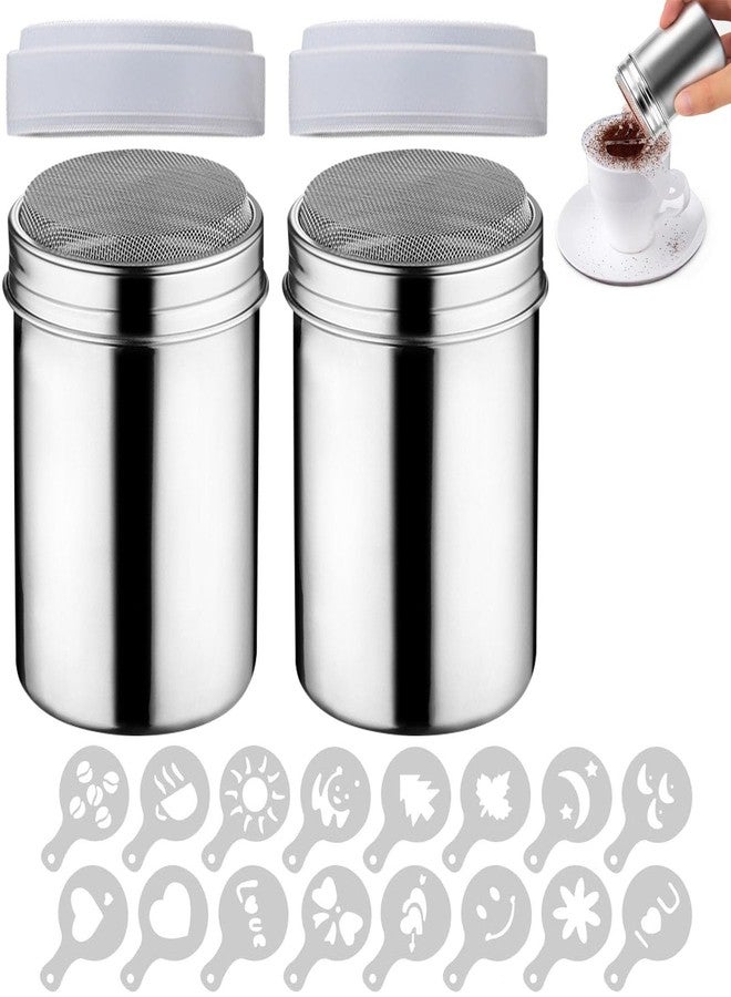 Ogetok 2 Pack Powder Sugar Shaker Duster, Stainless Steel Mesh Coffee Shakers Sets, 7oz Small Flour Sifter Seasoning Shaker with Lid & 16 Coffee Stencils for Baking Soda Cappuccino Cinnamon Cake Bread - Image 1