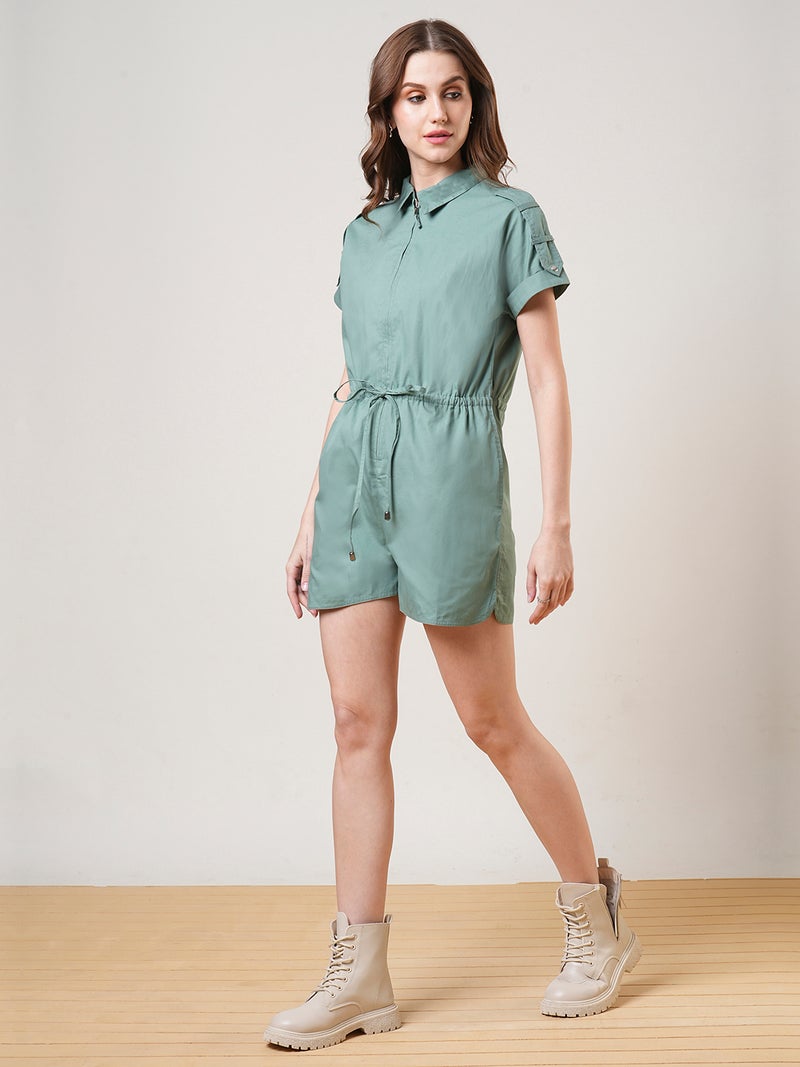 globus Globus Women Extended Sleeves Shirt Collar Waist Tie-Up Front Zip Closure Playsuit - Image 2