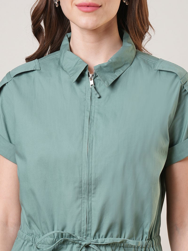 globus Globus Women Extended Sleeves Shirt Collar Waist Tie-Up Front Zip Closure Playsuit - Image 4
