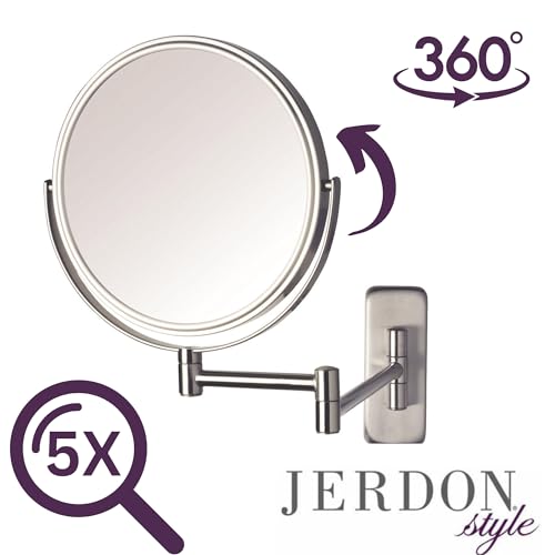 JERDON Two-Sided Wall Mounted Nickel Finish Makeup Mirror - 5X-1X Magnification - 8” Diameter Mirror Extends 13.5” - Model JP7506N - Image 5