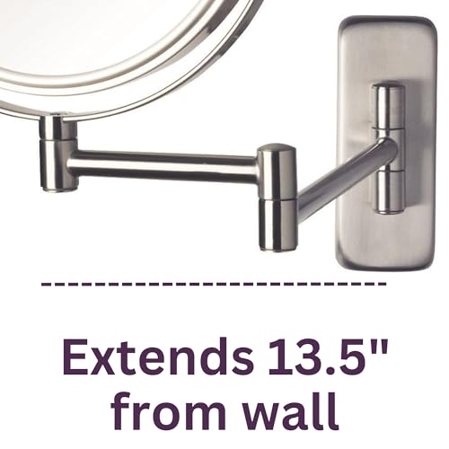 JERDON Two-Sided Wall Mounted Nickel Finish Makeup Mirror - 5X-1X Magnification - 8” Diameter Mirror Extends 13.5” - Model JP7506N - Image 4