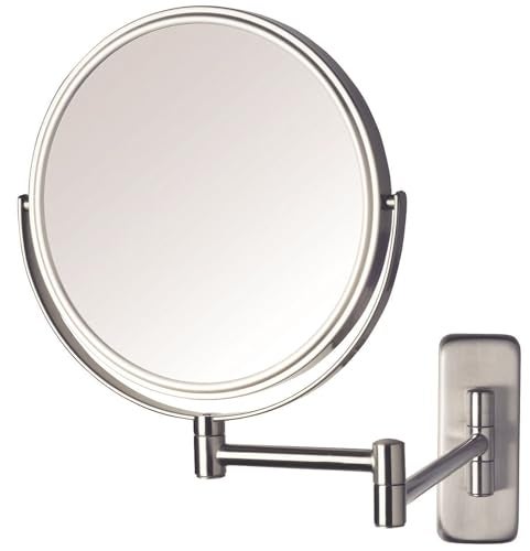 JERDON Two-Sided Wall Mounted Nickel Finish Makeup Mirror - 5X-1X Magnification - 8” Diameter Mirror Extends 13.5” - Model JP7506N - Image 1