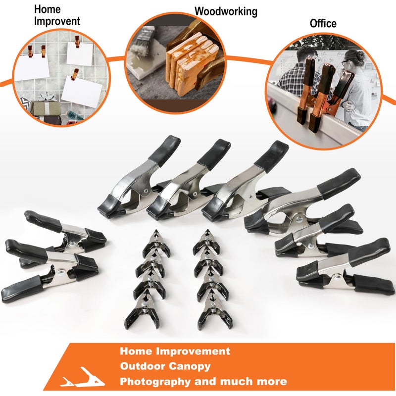 Wellmax 16PC Nickel-Plated Metal Spring Clamps Set - Heavy Duty Clips for Woodworking, Photography Backdrops, and More - Includes 8pc 2 Inch, 4pc 4 Inch, and 4pc 6 Inch Clamps - Image 3
