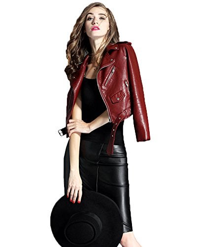 LY VAREY LIN Fitaylor Womens Faux Leather Motorcycle Jacket PU Slim Short Biker Coat L Wine Red - Image 1