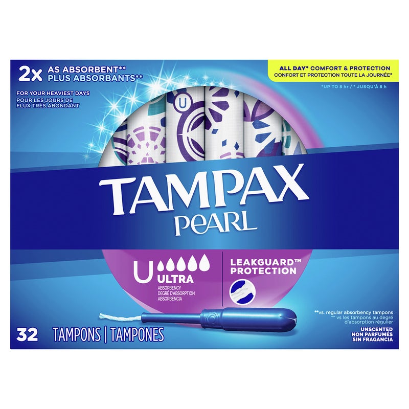 Tampax تامباكس بيرل تامبونز فائقة الامتصاص مع حافة تسرب، بدون رائحة، 32 قطعة - Image 1