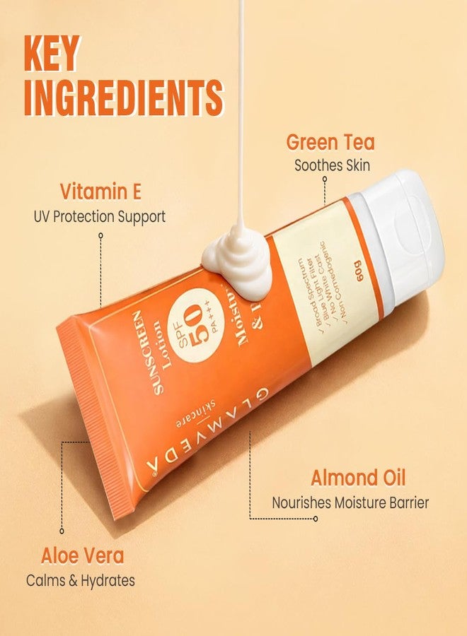 Glamveda Hybrid Sunscreen Lotion SPF 50 PA+++ | 60g | Transparent & Ultra-lightweight Sunscreen | Non-Greasy, Quick-Absorbing | Zero White Cast, All Skin Types | for Men & Women - Image 2