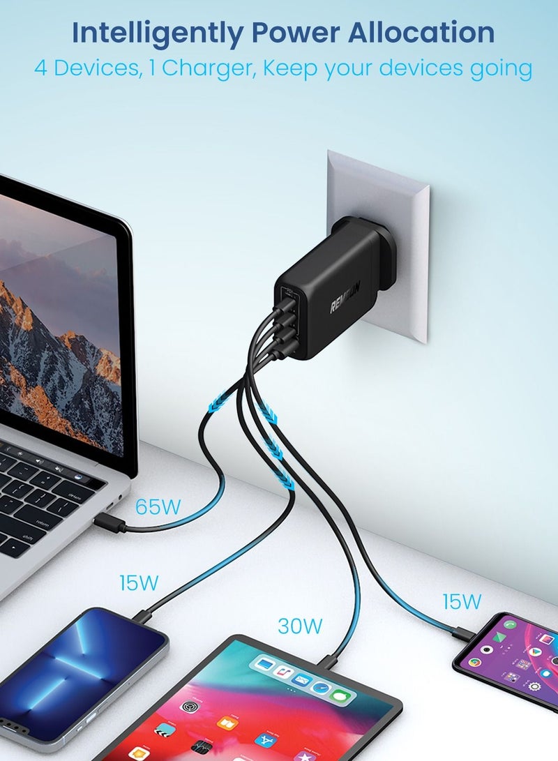 Remson شاحن Remson 130 وات 4 منافذ GaN محول طاقة USB-C جداري سريع الشحن PD 3.0 مع منفذ USB-A متوافق مع iPhone 13/13 Mini/13 Pro/13 Pro Max/SE/11/XR/XS، Samsung S22+/S22، MacBook Pro/Air، iPad وأجهزة الكمبيوتر المحمولة - Image 3