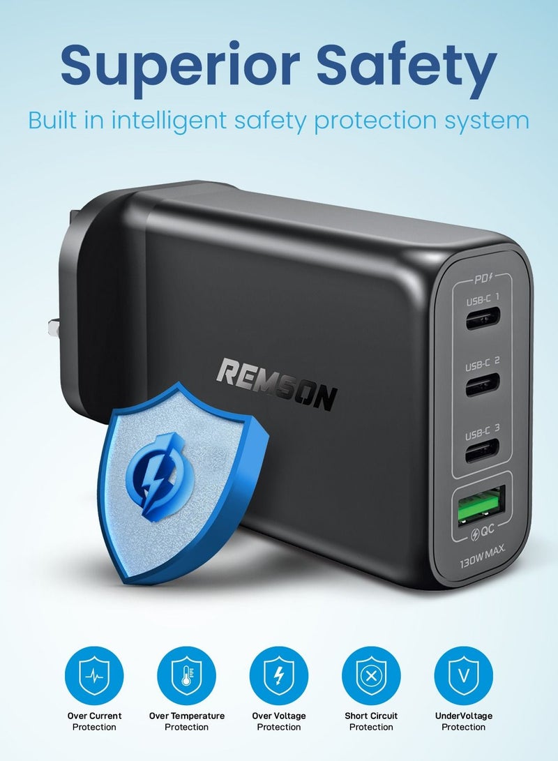 Remson شاحن Remson 130 وات 4 منافذ GaN محول طاقة USB-C جداري سريع الشحن PD 3.0 مع منفذ USB-A متوافق مع iPhone 13/13 Mini/13 Pro/13 Pro Max/SE/11/XR/XS، Samsung S22+/S22، MacBook Pro/Air، iPad وأجهزة الكمبيوتر المحمولة - Image 4