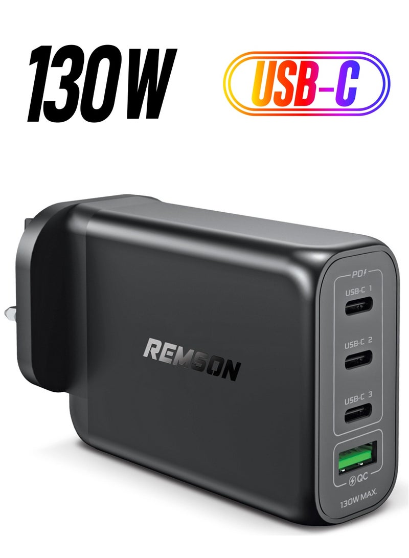 Remson شاحن Remson 130 وات 4 منافذ GaN محول طاقة USB-C جداري سريع الشحن PD 3.0 مع منفذ USB-A متوافق مع iPhone 13/13 Mini/13 Pro/13 Pro Max/SE/11/XR/XS، Samsung S22+/S22، MacBook Pro/Air، iPad وأجهزة الكمبيوتر المحمولة - Image 1