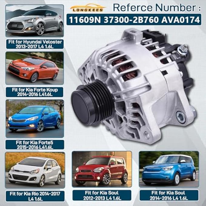LONGKEES Alternator 12 V 110 A FIT Hyundai Veloster 2013-2017 & Kia 1.6 LSoul 2012-2016, Forte/Forte Koup / Forte5 2014-2016, Rio 2014-20176-Groove CW Pulley, Replaces 11609N 37300-2B760 AVA0174 - Image 2