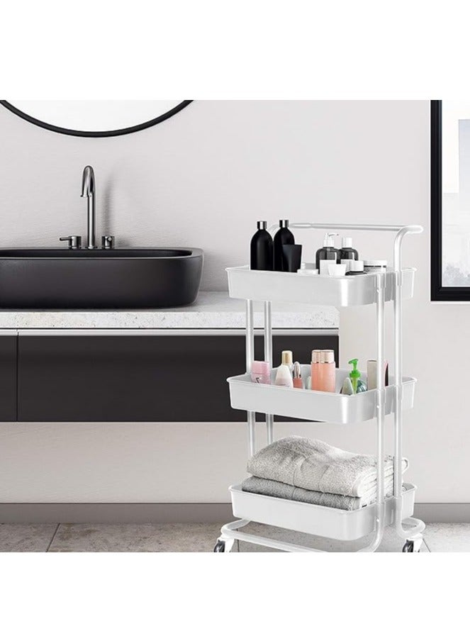 Generic 3 Tier Trolley Storage Cart Kitchen Storage Rack Trolley Organizer Cart with Handle and Wheels Kitchen Storage Utility Cart for Bathroom Beauty Hairdresser，Easy to Move（White）  - Image 4