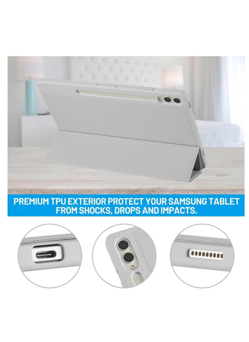 Samsung Galaxy Tab S10 Plus 12.4 Inch Case with S Pen Holder – Soft TPU Tri-Fold Stand Protective Cover, Auto Wake/Sleep, S Pen Charging Support, Gray Silver