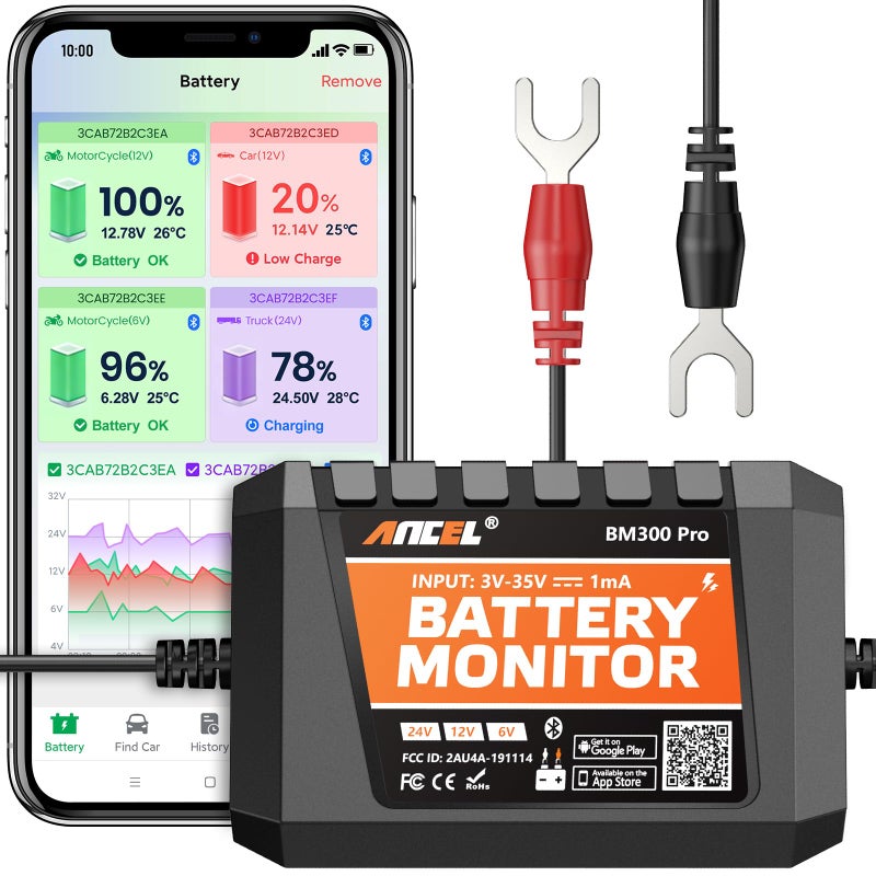 ANCEL BM300 Pro Battery Monitor 6V12V24V Universal with Bluetooth 53 Reinforced Design Charging Cranking Tests RealTime Alerts for LeadAcid Lithium Batteries in RV Truck Marine More - Image 2