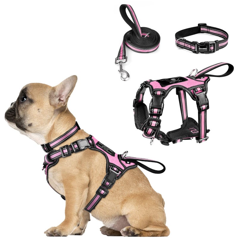WINSEE Pet Harness Collar and Leash Set Allinone Reflective Dog Harness No Pull with Adjustable Buckles for Puppies Small Medium Large and ExtraLarge Dogs Small Pink