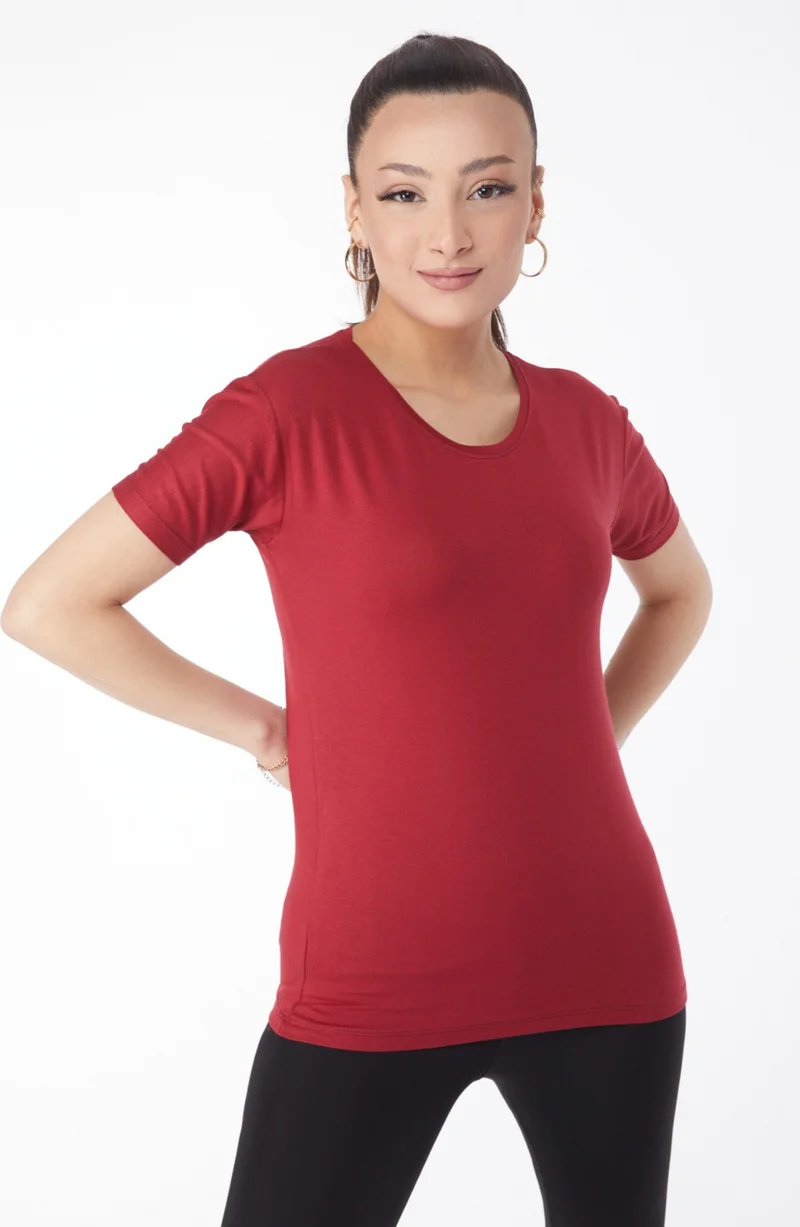 Tofisa Plain Crew Neck Women's Burgundy Short Sleeve Unprinted T-Shirt - 24764