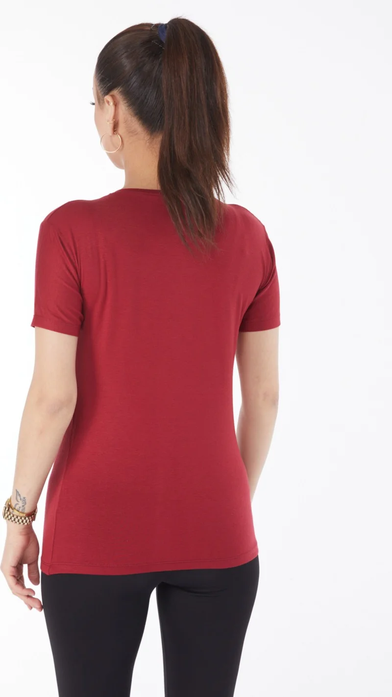 Tofisa Plain Crew Neck Women's Burgundy Short Sleeve Unprinted T-Shirt - 24764