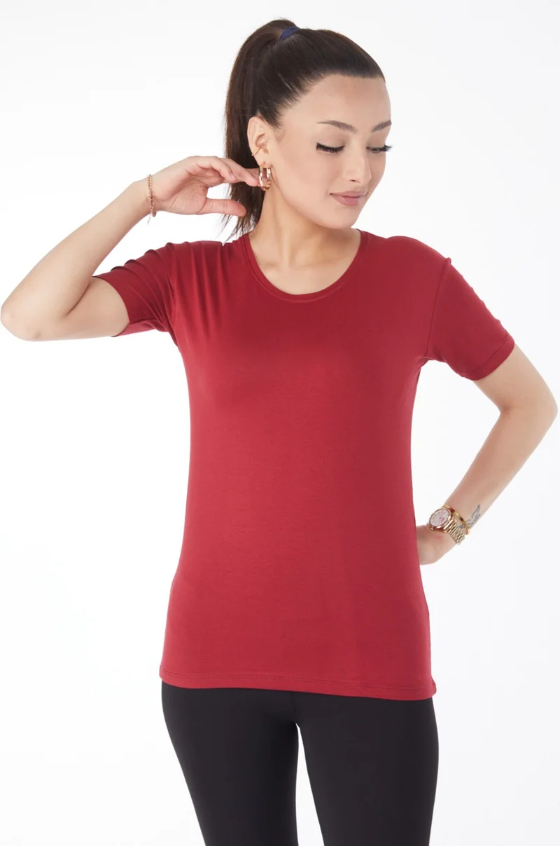 Tofisa Plain Crew Neck Women's Burgundy Short Sleeve Unprinted T-Shirt - 24764